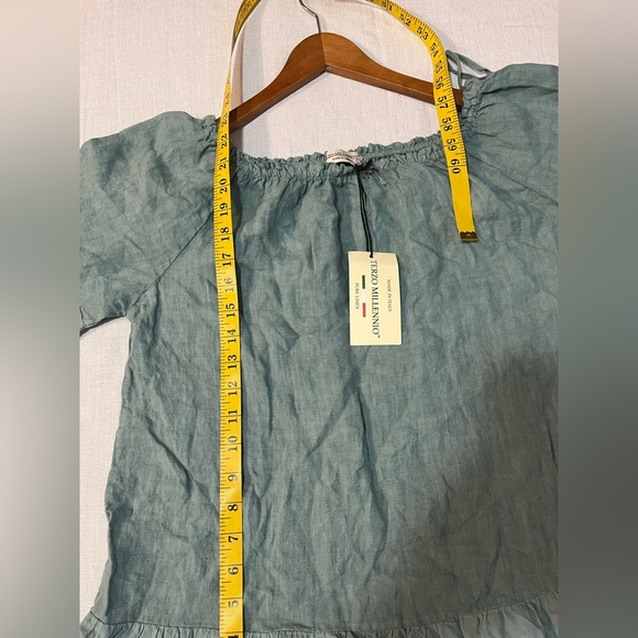 Terzo Millennio Women's Green Ruffle Top Off Shoulder Pure Linen Italy L NWT - Picture 9 of 10